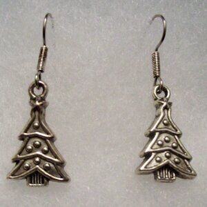 Pewter Christmas Tree Dangle Earrings Silvertone Drop French Hook French Wire
